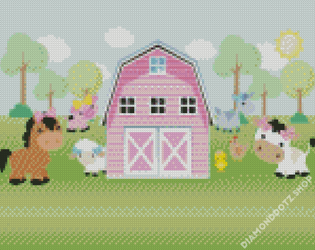 Animals In Pink Barn Diamond Painting