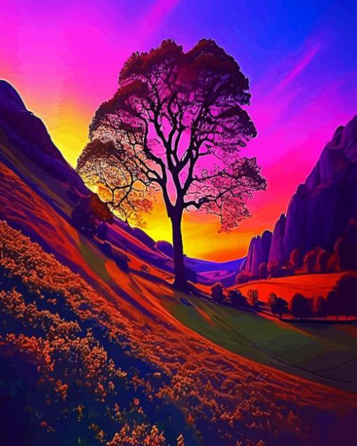 Sunset Sycamore Gap Tree Diamond Painting