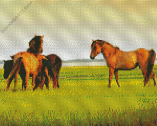 Golden Domestic Horses Diamond Painting