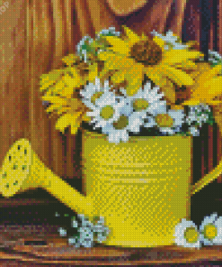Yellow Flowers In Watering Pail Diamond Painting