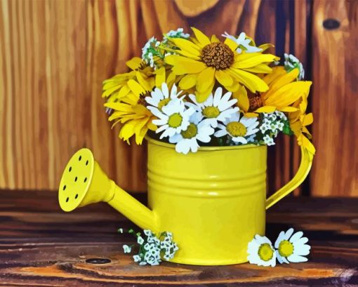 Yellow Flowers In Watering Pail Diamond Painting