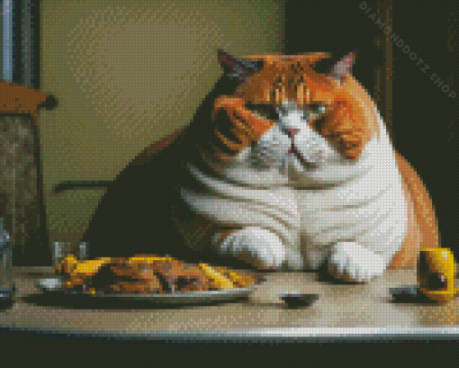 Fat Cat Eating On Table Diamond Painting