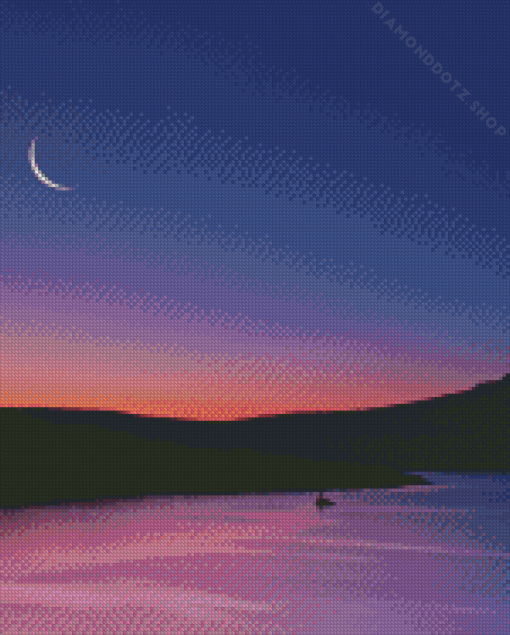 Half Moon Sunset By Lake Diamond Painting