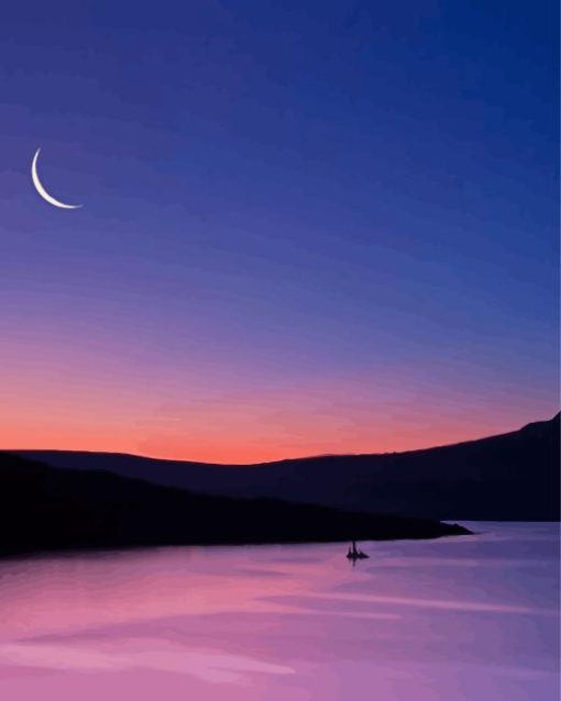 Half Moon Sunset By Lake Diamond Painting