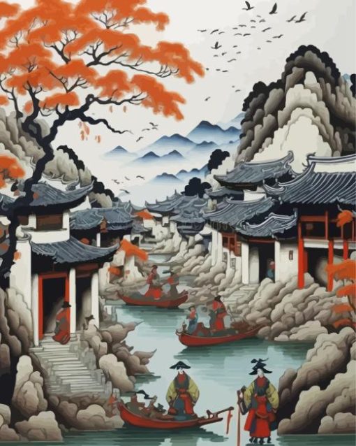 Illustration Chinese Village Diamond Painting