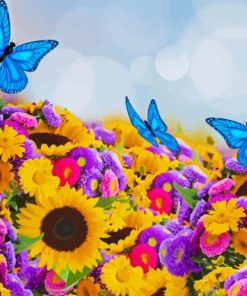 Sunflower With Blue Butterflies Diamond Painting