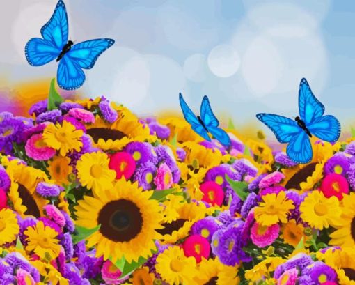 Sunflower With Blue Butterflies Diamond Painting