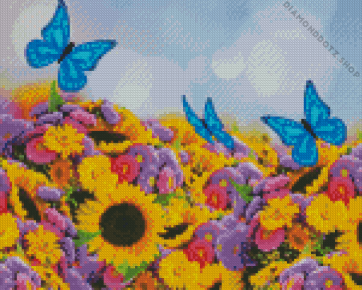 Sunflower With Blue Butterflies Diamond Painting