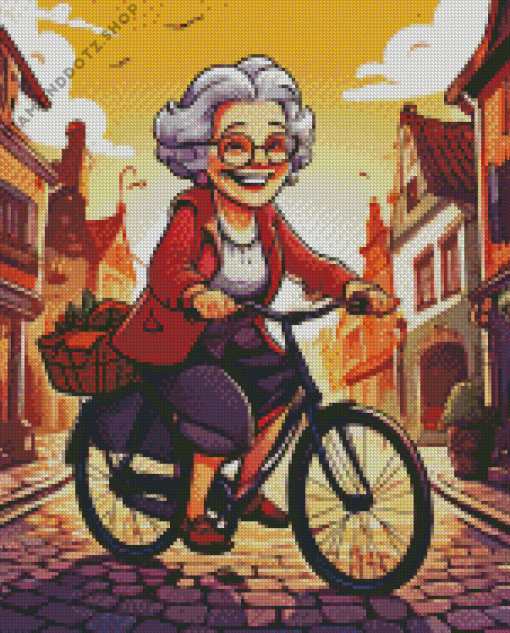 Cool Old Lady On Bicycle Diamond Painting