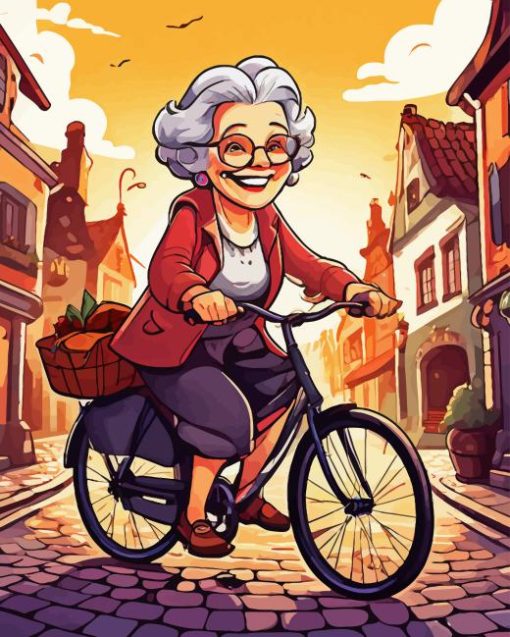 Cool Old Lady On Bicycle Diamond Painting