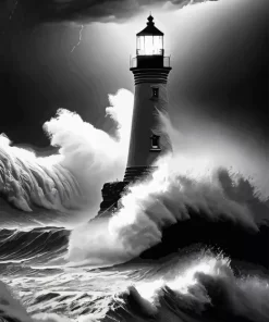 Black And White Lighthouse In Storm Diamond Painting