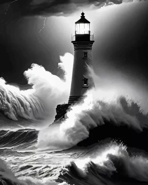 Black And White Lighthouse In Storm Diamond Painting