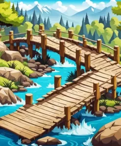 Illustration Wooden Bridge Landscape Diamond Painting