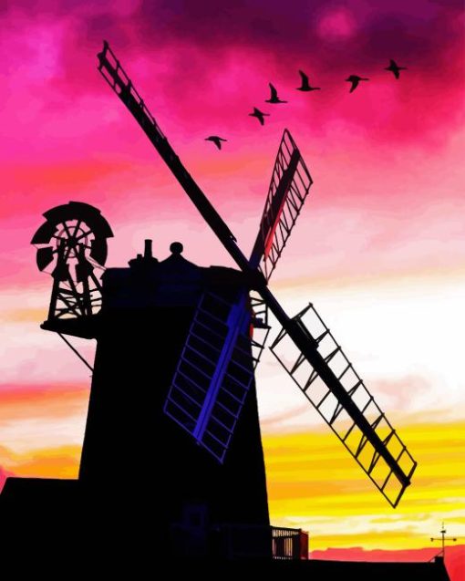 Pink Sunset Cley Windmill Diamond Painting