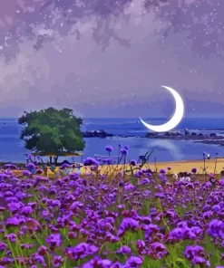 Purple Blossom Moon On beach Diamond Painting