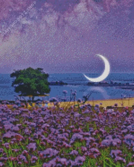 Purple Blossom Moon On beach Diamond Painting