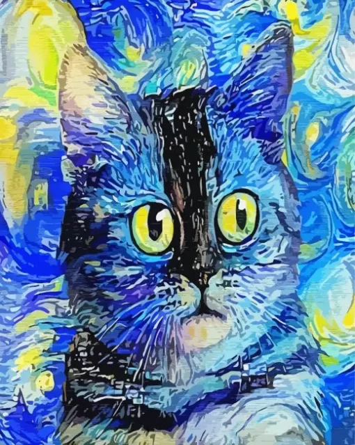 Starry Night Blue Abstract Cat Diamond Painting