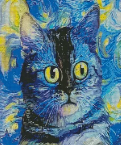 Starry Night Blue Abstract Cat Diamond Painting