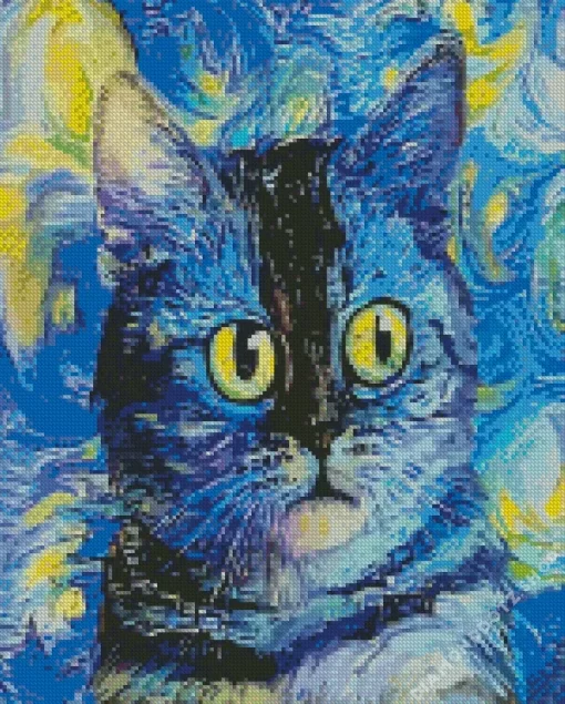 Starry Night Blue Abstract Cat Diamond Painting