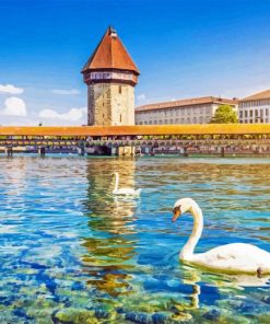 Swans And Chapel Bridge Diamond Painting