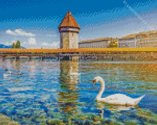 Swans And Chapel Bridge Diamond Painting