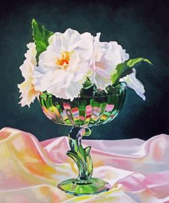 White Begonias In Green Vase Diamond Painting