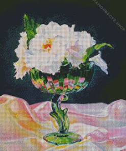 White Begonias In Green Vase Diamond Painting