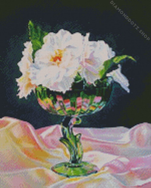 White Begonias In Green Vase Diamond Painting