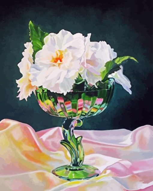 White Begonias In Green Vase Diamond Painting