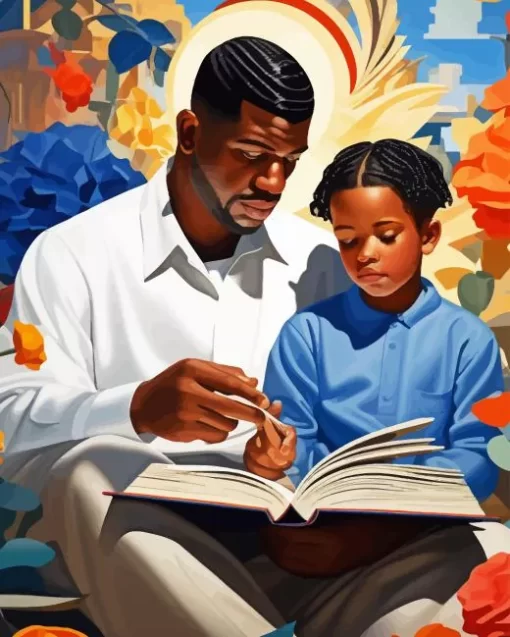 Black Father And Child Reading Diamond Painting