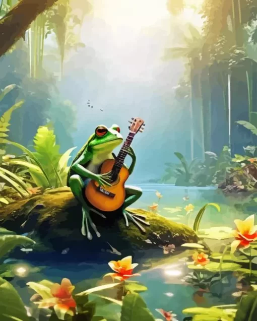 Frog Playing Guitar In Jungle Diamond Painting