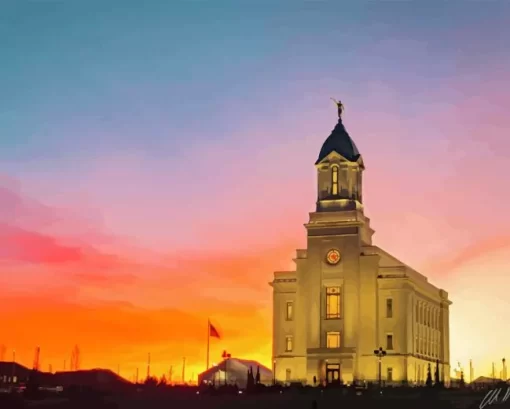 Cedar Temple At Sunset Diamond Painting