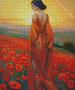 Lady And Poppy Flowers Diamond Painting