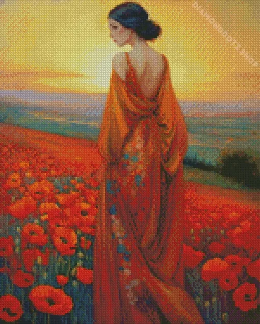 Lady And Poppy Flowers Diamond Painting