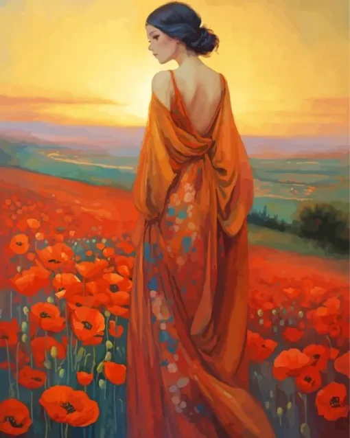 Lady And Poppy Flowers Diamond Painting